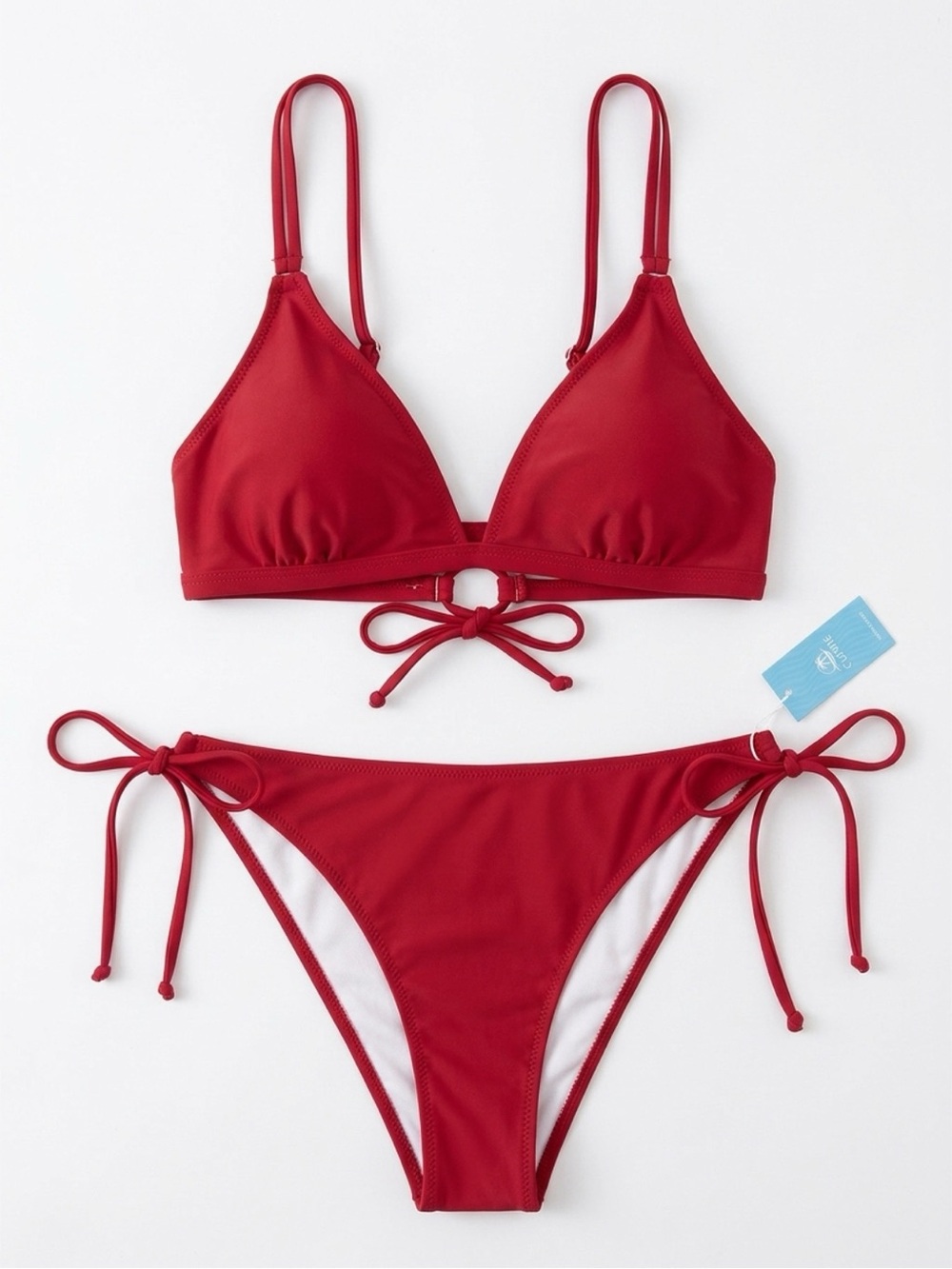 Cupshe Solid Red Triangle Tie-Side Bikini Set Lg